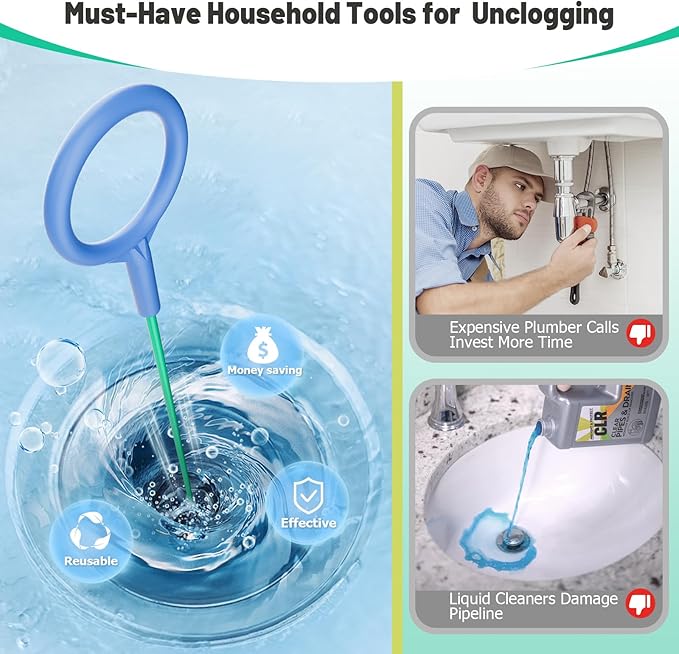 Reusable Drain Snake Hair Drain Clog Remover 30 Inch, 2026 Upgraded Sink Snake Drain Hair Removal Tool, Anti-Break Metal Shower Snake Drain Cleaner to Unclog Bathroom Sink, Tub (5)
