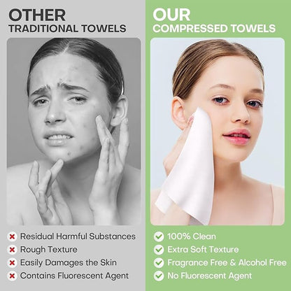 Disposable Face Towel Thicken 50 Pack Compressed Towel Tablets Reusable, Mini Disposable Facial Washcloths Compact Individually Wrapped Clean Towels for Travel Camping Beauty Home Gym (Green)