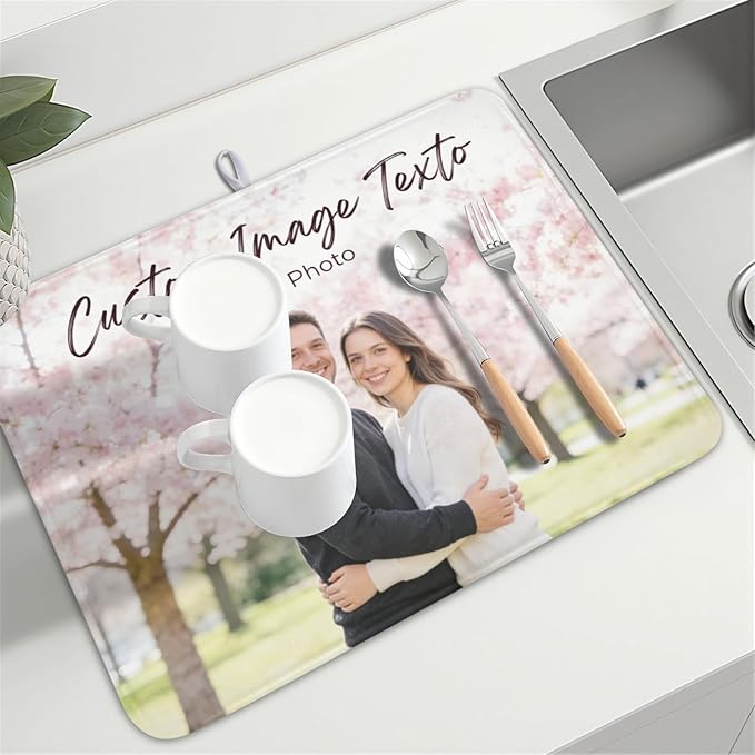 Custom Personalized Dish Drying Mat for Kitchen Counter,Customized Drying Mats with Picture Text Image 18 x 24 Inch with High Absorbent Microfiber Drainer Mat for Coffee Bar