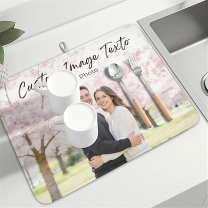 Custom Personalized Dish Drying Mat for Kitchen Counter,Customized Drying Mats with Picture Text Image 18 x 24 Inch with High Absorbent Microfiber Drainer Mat for Coffee Bar