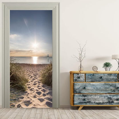 3D Door Stickers Peel and Stick Wall Pictures Beach Path Self Adhesive Removable Waterproof PVC Posters for Bedroom Living Room 80pcs