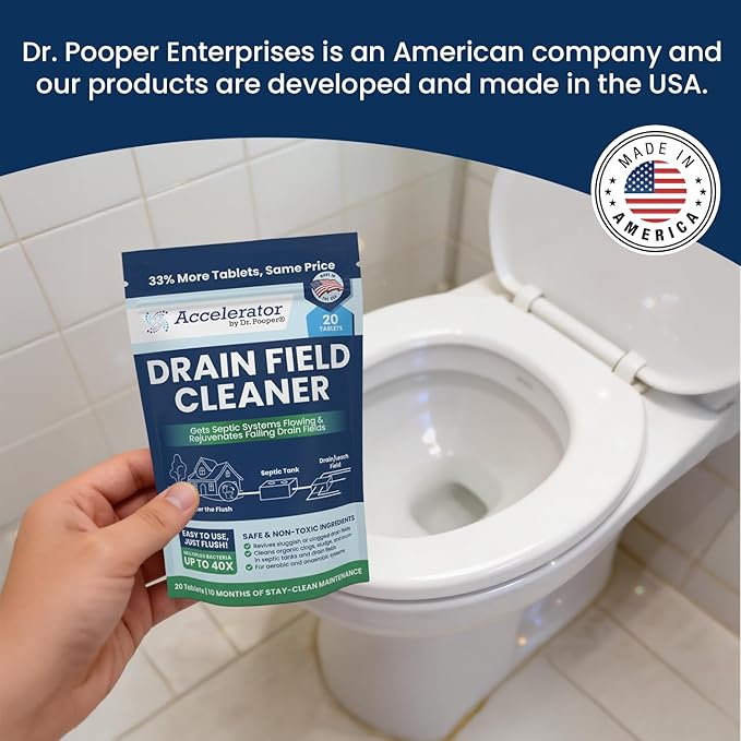Drain Field Cleaner Tablets (20 Count) - Septic Tank Treatment for Clogs, Odor & Sludge - 90% Less Plastic - 10 Month Supply - Aerobic & Anaerobic Systems - Easy Flush