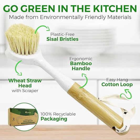 Bamboo Dish Brush Set of 2 - Dishwasher Brush w/Handle Made of Wheat Straw & Sisal Bristles - Non Scratch Kitchen Scrub Brush for Dishes, Pots & Pans - Dish Scrubber w/Plastic Free Bristles