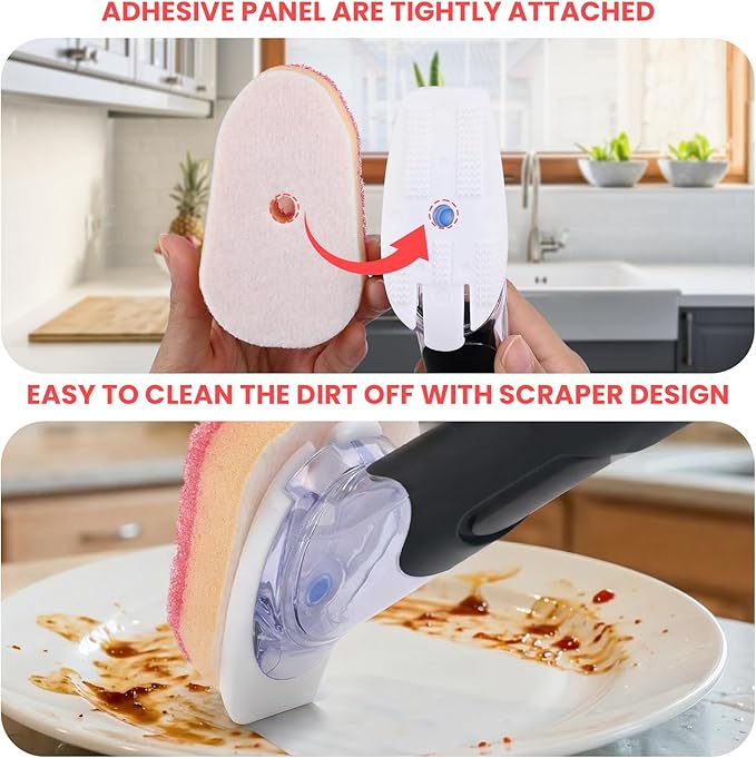 Soap Dispensing Replacement Dish Brush Storage Set with 10 PCS Sponge Refills & Holder - RIMAY Dispenser Scrub Cleaning Scrubber Kitchen Dishwashing Dish Wand Handle for Dishes/Pans/Pots/Sink(Pink)