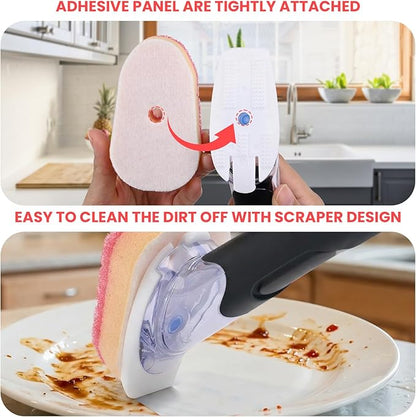 Soap Dispensing Replacement Dish Brush Storage Set with 10 PCS Sponge Refills & Holder - RIMAY Dispenser Scrub Cleaning Scrubber Kitchen Dishwashing Dish Wand Handle for Dishes/Pans/Pots/Sink(Pink)