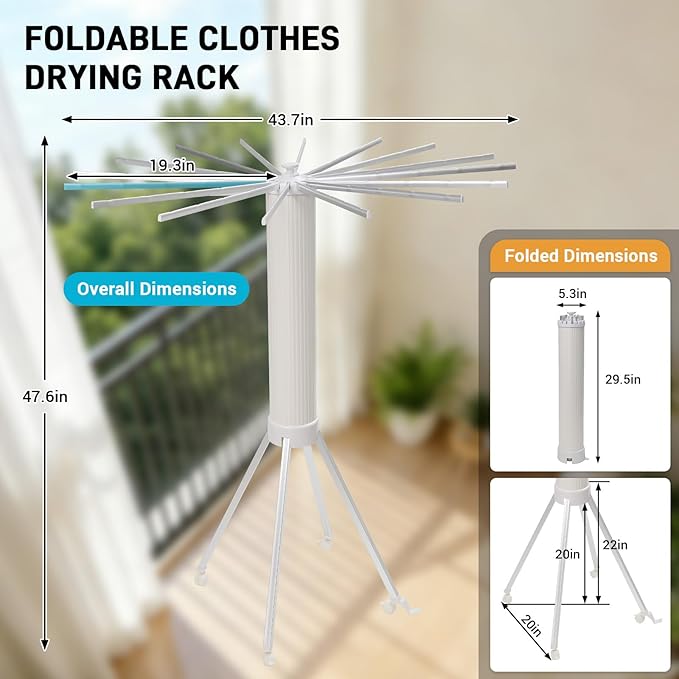 Clothes Drying Rack Foldable, Clothes Drying Rack Drying with wheels with 16 Arms Laundry Drying Rack Saving Collapsible Hanger Tripod Clothes Drying Rack Rack Clothing Balcony Bedroom Apartment