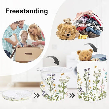Colourful Flowers Laundry Hamper Large Storage Basket Floral Collapsible Adult Organizer Kids Clothes Toys Bins for Bedroom, Bathroom, Butterfly, 63L