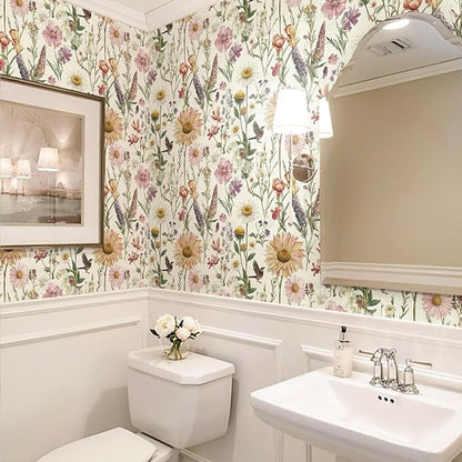 Livebor Floral Peel and Stick Wallpaper Floral Bird Contact Paper 16.9inch x 393.7inch Vintage Flower Wallpaper Peel and Stick Self Adhesive Flower Contact Paper Botanical Decor for Bathroom Vinyl