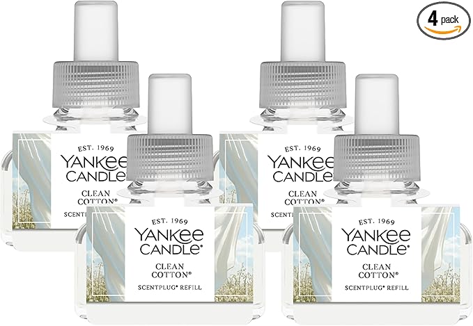 Yankee Candle ScentPlug Refill for Plug in Air Fresheners, Scented Oil Refills, Long Lasting Home Fragrance, Clean Cotton (Pack of 4)