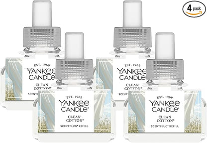 Yankee Candle ScentPlug Refill for Plug in Air Fresheners, Scented Oil Refills, Long Lasting Home Fragrance, Clean Cotton (Pack of 4)