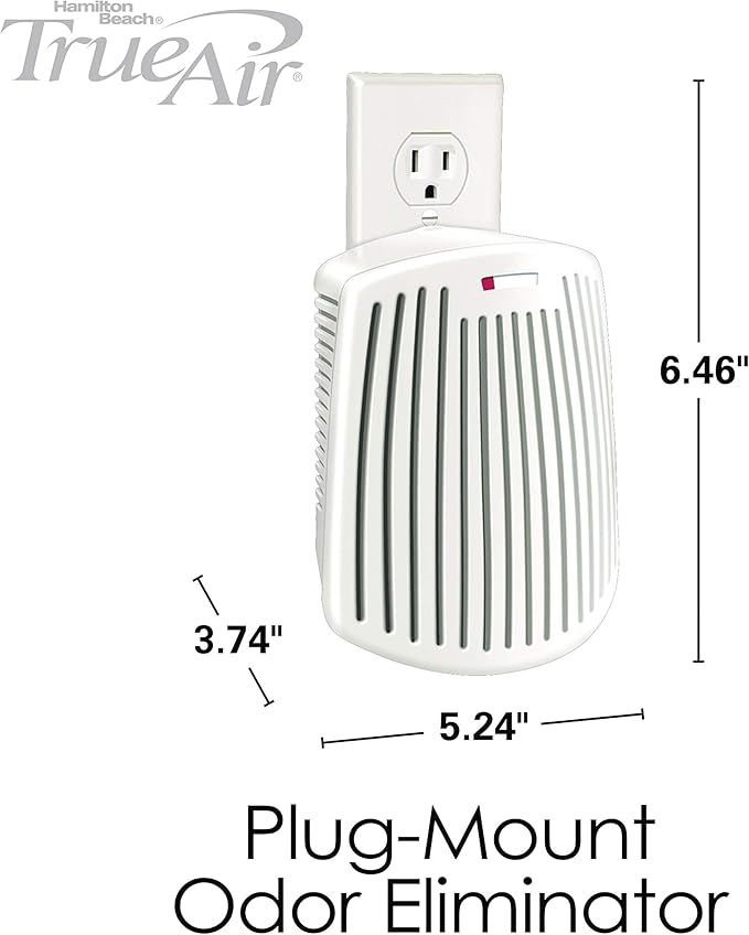 Hamilton Beach TrueAir Plug-Mount Odor Eliminator with Carbon Filter + Green Mountain Scent Cartridge, Common Household-Tobacco, Pet, Bathroom, Trash, On/Off Fan (04530GM)