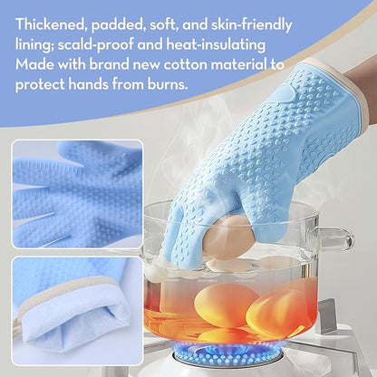 Silicone Oven Mitts Heat,1 Pair Non-Slip Five-Finger Oven Gloves, Waterproof Flexible BBQ Grilling Gloves with Hanging Loops, Kitchen Mitts for Baking Cooking Frying (White)