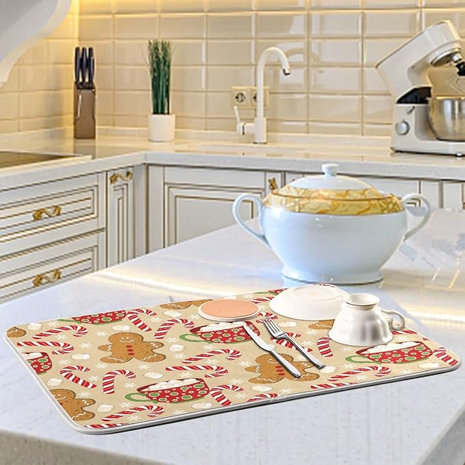Christmas Gingerbread Man Candy Cane Dish Drying Mat for Kitchen Winter Snow Snowflake Snowman Xmas Microfiber Drying Mats Absorbent Reversible Dish Pad Medium Dish Draining Mat 16x18 inch
