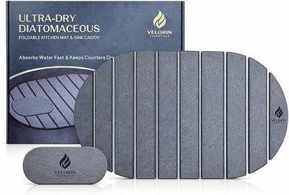 Stone Dish Drying Mat for Kitchen Counter, Quick Dry Diatomaceous Earth Drying Mat, Foldable Absorbent Stone Drying Pad, 2 PCS 24" × 16" & 8" × 4" for Dishes, Cups, Bottles & Utensils (Dark Gray)