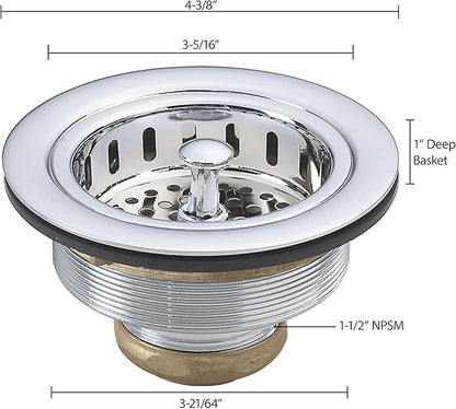 Westbrass A214-20 3-1/2" Post Style Large Kitchen Sink Basket Strainer, Stainless Steel