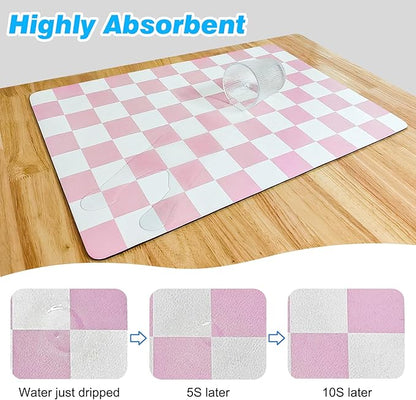 CooRug Checkered Dish Drying Mat for Kitchen Counter, Absorbent Non-Slip Coffee Mat, Heat Resistant Mat for Countertops Coffee Bar Decor 16" x 24" Pink