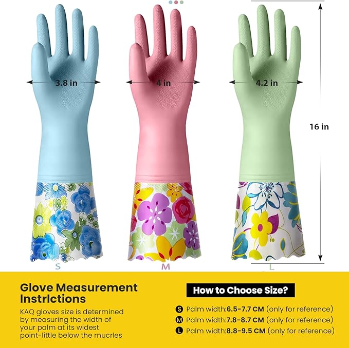 KAQ 3 Pairs Rubber Cleaning Gloves, Reusable Dishwashing Gloves for Kitchen with Cotton Liner, Long Cuff 16", Waterproof Non-Slip Household Gloves for Bleaching Bathroom, Laundry, Gardening (Large)
