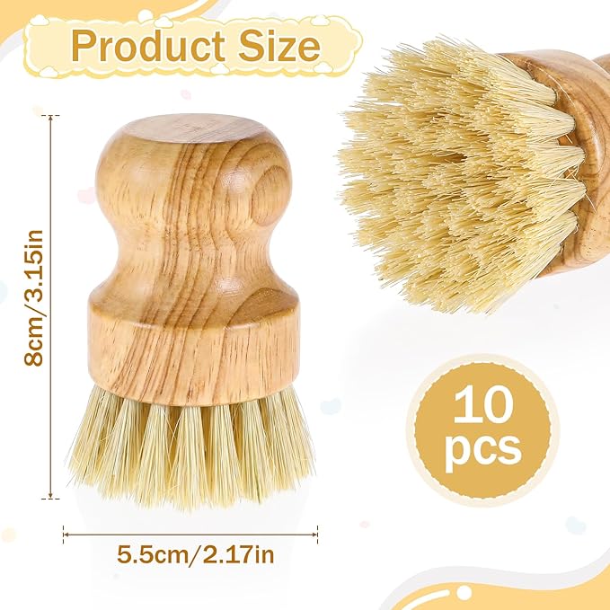 10 Packs Bamboo Dish Scrub Brushes Natural Dish Scrubber with Sisal Bristle Kitchen Dishwashing Cleaning Brush for Kitchen Cleaning Dishes, Pots, Pans, Bottles, Vegetables