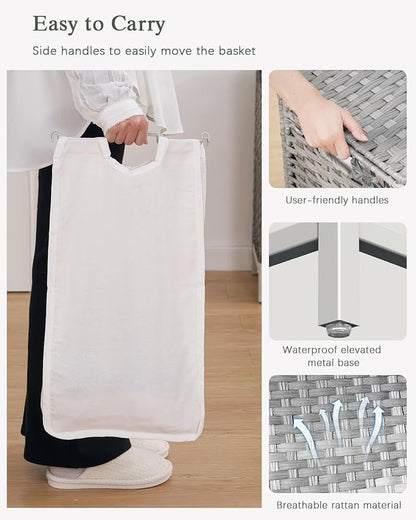 Laundry Hamper with Lid 132 L, (35 Gallons) Clothes Hamper with Lid, Handwoven Rattan Laundry Hamper with Metal Heightened Feet, Laundry Hampers with 3 Removable Liner Bags for Laundry-Gray