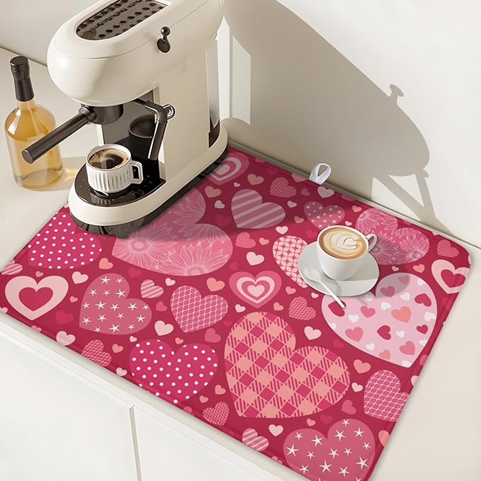 Valentine's Day Dish Drying Mat 18 x 24 Inch Heart Shaped Pattern Dish Drying Pad Absorbent Microfiber Mats for Red Dish Rack Pad for Kitchen Counter Coffee Bar Decor