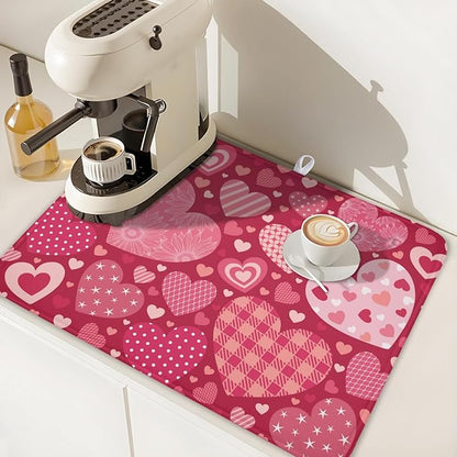 Valentine's Day Dish Drying Mat 18 x 24 Inch Heart Shaped Pattern Dish Drying Pad Absorbent Microfiber Mats for Red Dish Rack Pad for Kitchen Counter Coffee Bar Decor