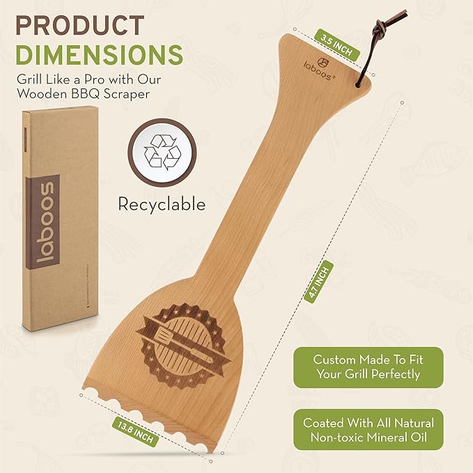 Wooden BBQ Grill Scraper – Beech Wood Griddle Cleaner for Traeger and Other Grills, No Metal Bristles, Safe and Durable Grill Cleaning Tool with Grooved Edge