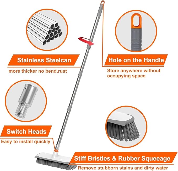 BITOPE Deck Scrub Brush with Long Handle, Heavy Duty Floor Cleaning Brush Scrubber with Stiff Bristle for Concrete Tile Patio Garage Bathroom