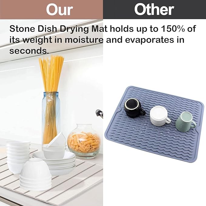 Large Stone Dish Drying Mats for Kitchen Counter, 23"(L)×16"(W) Diatomaceous Earth Mats, Water-Absorbent Collapsible Multi-Purpose Stone Drying Tray for Cups Dishes Bottles, Match Any Countertop