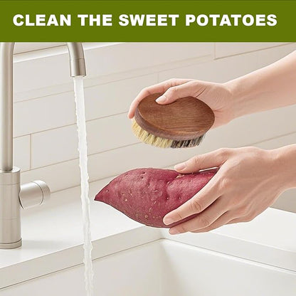 Fruit & Vegetable Cleaning Brush with Acacia Wooden Handle, Dual Bristle Produce Scrubber with Sisal and Palm Fibers, Oval Easy-Grip Design, Single Brush with Box,Brown