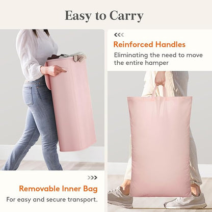Lifewit 75L Slim Laundry Basket with Lid, Narrow Large Laundry Hamper with Plastic Handles and Removable Bag, Tall Foldable Dirty Clothes Hampers for Laundry Room, Bedroom, Bathroom, Dorm, Pink