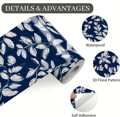 Blue Floral Wallpaper Border 196x4 Inch Peel and Stick Wall Border Elegant White Leaf Pattern Removable Vinyl Wall Trim for Kitchen Bathroom Bedroom Living Room Home Decor