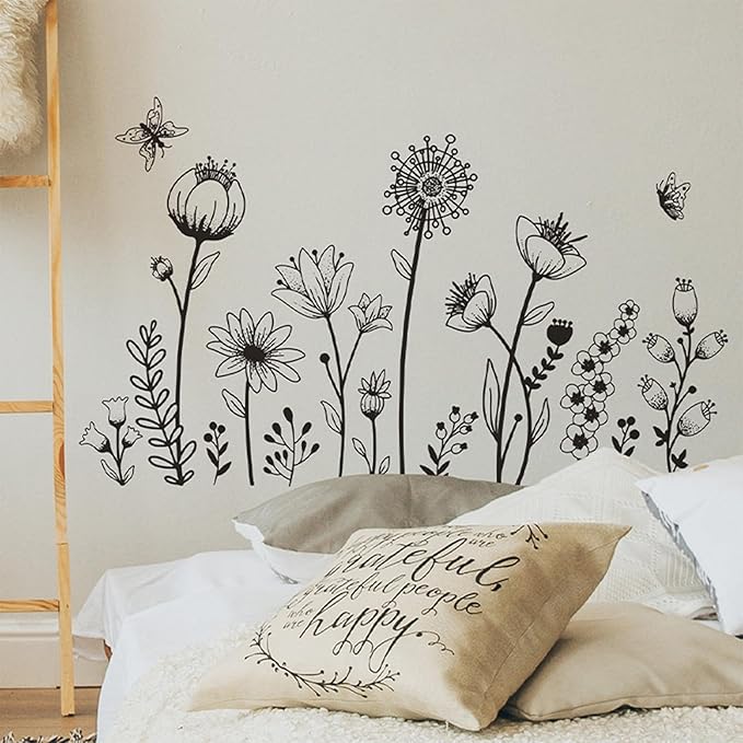 Black Boho Wall Decal Simple Sketch Flower Wall Stickers, Floral Wildflower Sticker Dandelion Peel Stick Wall Art Decor Bedroom Home Room Office Garden Hall Adult Gifts for Mom