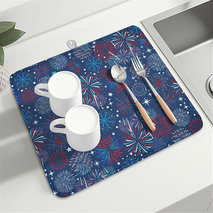 4th of July Patriotic Dish Drying Mat for Kitchen Counter 16 x 18 Inch Independence Day Dish Drainer Mat Absorbent Microfiber Firework Dish Rack Pad for Coffee Dining Bar Decor