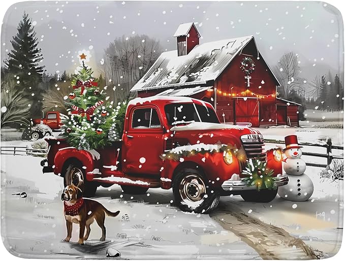 Christmas Red Truck Dish Drying Mat for Kitchen Counter 18x24 Inch Xmas Tree Snowman Dog Winter Print Absorbent Reversible Microfiber Drying Mats Kitchen Countertop Protector Dishes Drainer Rack Pad