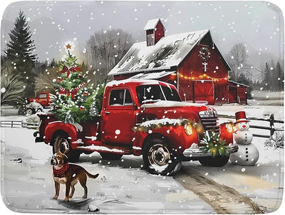 Christmas Red Truck Dish Drying Mat for Kitchen Counter 18x24 Inch Xmas Tree Snowman Dog Winter Print Absorbent Reversible Microfiber Drying Mats Kitchen Countertop Protector Dishes Drainer Rack Pad