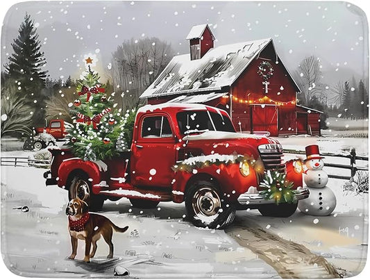 Christmas Red Truck Dish Drying Mat for Kitchen Counter 18x24 Inch Xmas Tree Snowman Dog Winter Print Absorbent Reversible Microfiber Drying Mats Kitchen Countertop Protector Dishes Drainer Rack Pad