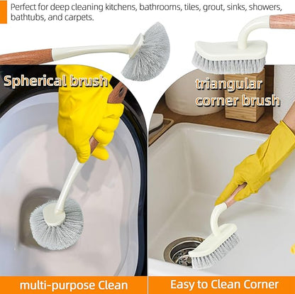 5-Pack Heavy Duty Scrub Brushes Set with Wooden Handles, Multi-Surface Scrubber for Kitchen, Bathroom, Tile & Grout, Includes Spherical, Triangle, Square & Dish Brush for Stubborn Stains