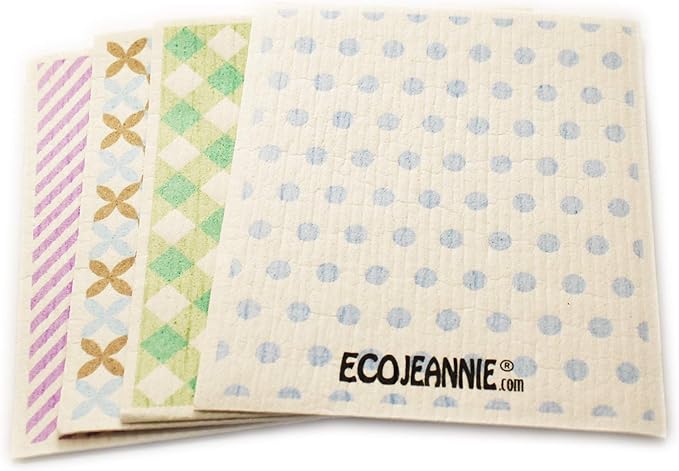 Wholesale EcoJeannie Eco-Friendly German Cleaning Cloth 100% Biodegradable Cellulose Sponge Cloths, Kitchen Cloths, GMO-Free, Reusable - Made in Germany Packaged in P.R.C. (4 Pack)