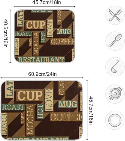Super Absorbent Dish Drying Mat, Microfiber Fast-Drying Dish Mat, 16" x 18", Kitchen Dish Drying Pad, Coffee Themed Seamless Retro