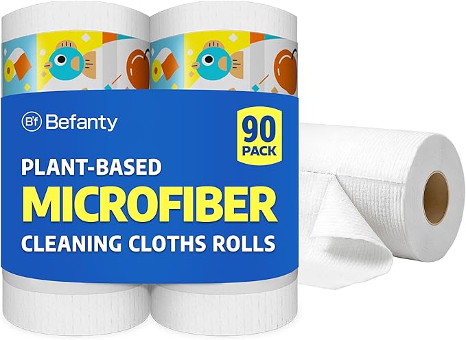 90 Pack Plant-Based Microfiber Cleaning Cloth Rolls, Washable & Reusable Paper Towels for Kitchen, Ultra Absorbent, Scratch Free, Lint Free, Cleaning Supplies, 8.6" x 11.8" (2 Rolls)