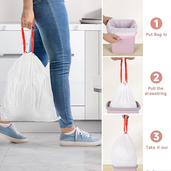 Small Drawstring Garbage Bags 4 Gallon - Unscented Clear White 4 Gal Trash Bags 60 Count 15 Liters Strong Plastic Mini Waste Basket Bathroom Office Liners for Home Kitchen Can Bulk Magesh