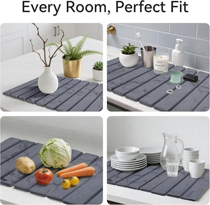 Stone Dish Drying Mat for Kitchen Counter, 24 x 16 inches, Fast Drying Collapsible Dish Drying Mat, Eco-Friendly Absorbent Diatomaceous Earth Mats for Dishes Bottles Cups (Dark Gray)