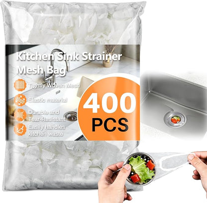 RAINFLOW 400 PCS Disposable Kitchen Mesh Sink Strainer Bag - Kitchen Sink Food Catcher Mesh Bag Elastic Net Drain Hair Catcher Strainer Bags for Drain Anti-Clogging Collecting Food Waste (4 x 4 Inch)