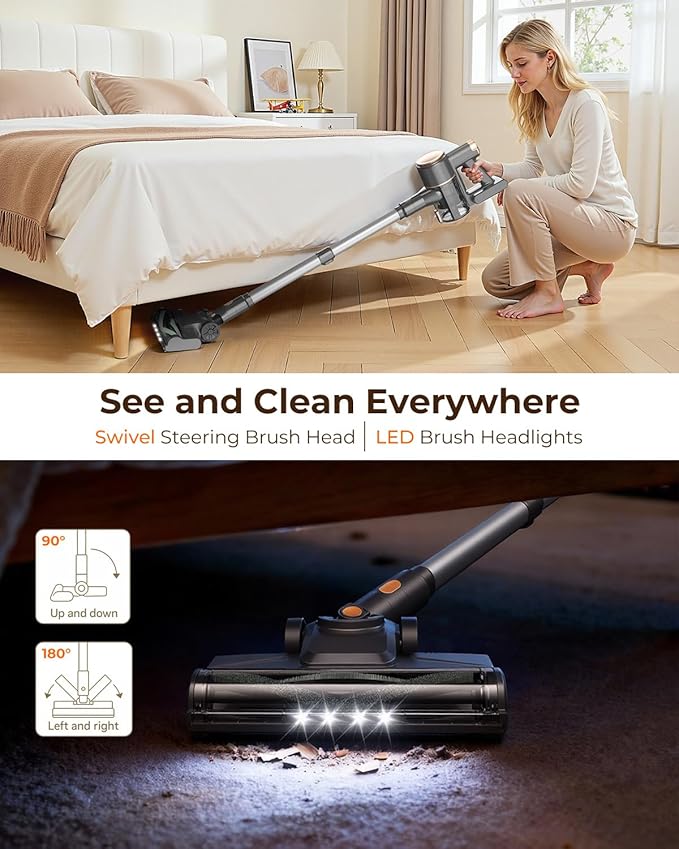N8 Cordless Vacuum Cleaner,Lightweight Stick Vacuum with Powerful Suction,2200mAh Battery,40 Mins Runtime,Self-Standing, Rechargeable Vacuum Cleaners for Home Hardwood Floor Carpet Pet Hair (Honey)