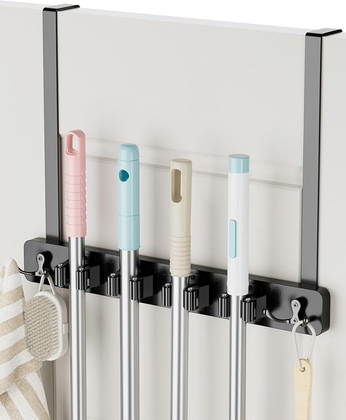 HULISEN Broom Holder Door Mount, Over the Door Broom and Mop Holder with 0.6" Thick Pads, Wood Mop Organizer Tool Hanger with 4 Racks & 2 Hooks for Laundry Cabinet Kitchen Garage, No Drills
