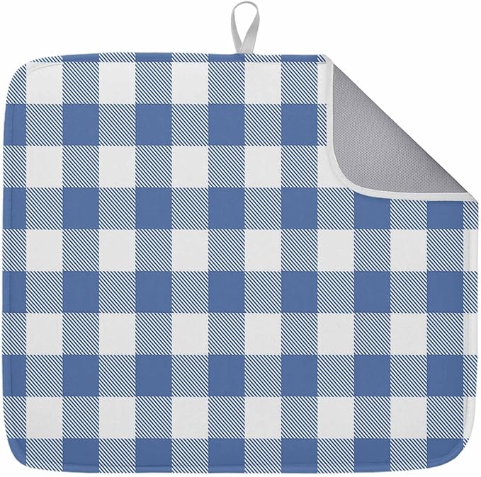 Dish Drying Mat Buffalo Plaid Blue Check Drying Mats for Kitchen Counter Farmhouse Style Absorbent Microfiber Dish Drainer Quick Drying Coffee Mat with Hanging Loop, 16 x18 inch
