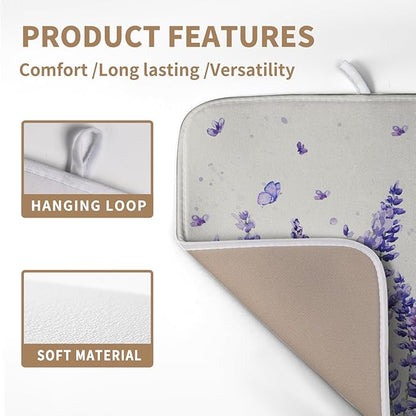 Purple Lavender Dish Drying Mat for Kitchen Counter Spring Summer Flower Floral Dishes Drainer Mats Absorbent Microfiber Dish Drying Pad Washable Dish Draining Mat Medium 16x18 Inch
