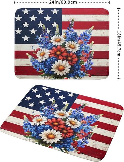 4th of July Patriotic Flower Dish Drying Mat for Kitchen Counter,American Flag Independence Day Drying Mat 18 x 24 Inch with High Absorbent Microfiber Drainer Mat for Coffee Bar