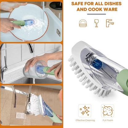 Soap Dispensing Replacement Dish Brush Storage Set with 2 PCS Brush Refills & Holder - RIMAY Dispenser Scrub Cleaning Scrubber Kitchen Dishwashing Dish Wand Handle for Dishes/Pans/Pots/Sink(Green)