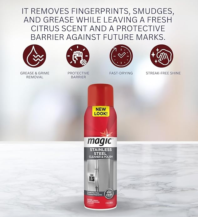 Magic Stainless Steel Cleaner & Polish Spray 17 oz Bundle with Microfiber Cloth - Foaming Formula for Easy Cleaning of Appliances, Sinks, and Chrome Surfaces - (2 Items)
